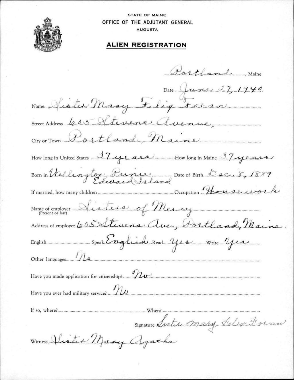 Miniature of Alien Registration- Foran, Sister Mary Felix (Portland, Cumberland County)