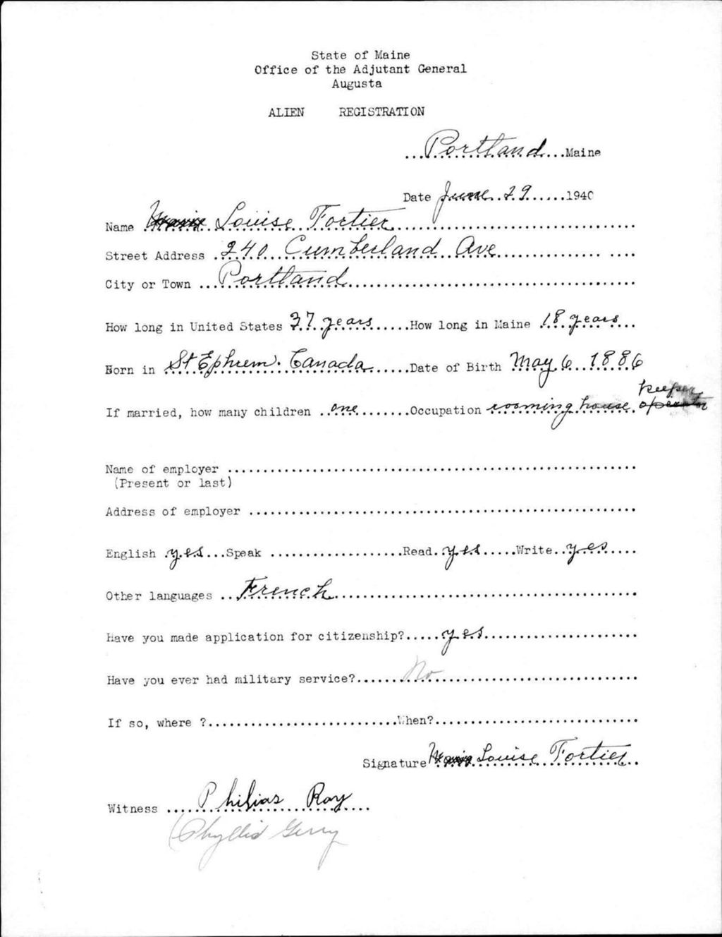 Miniature of Alien Registration- Fortier, Louise (Portland, Cumberland County)