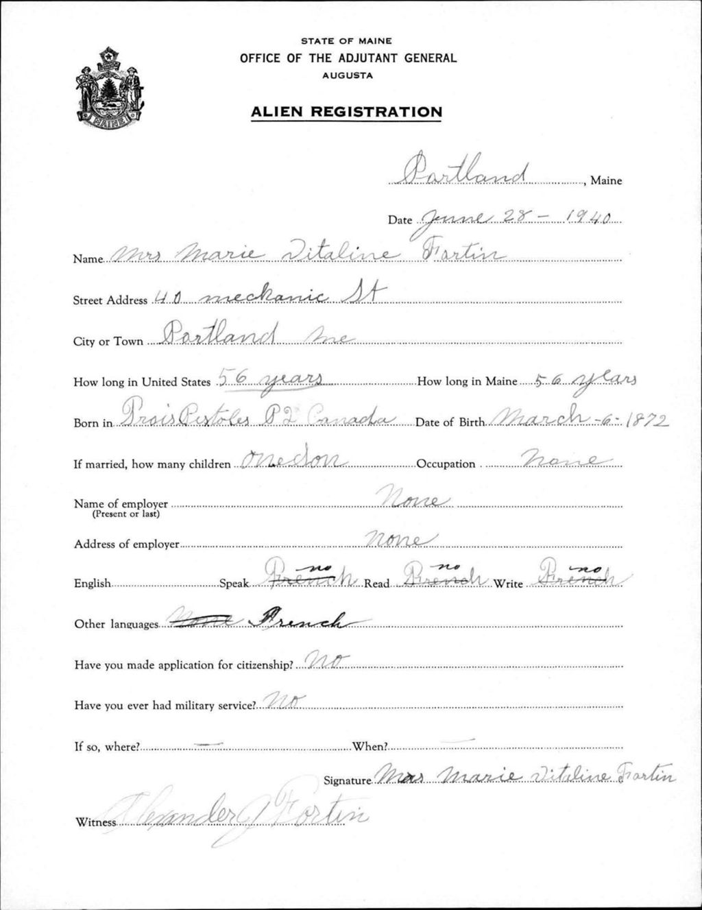 Miniature of Alien Registration- Fortin, Marie V. (Portland, Cumberland County)