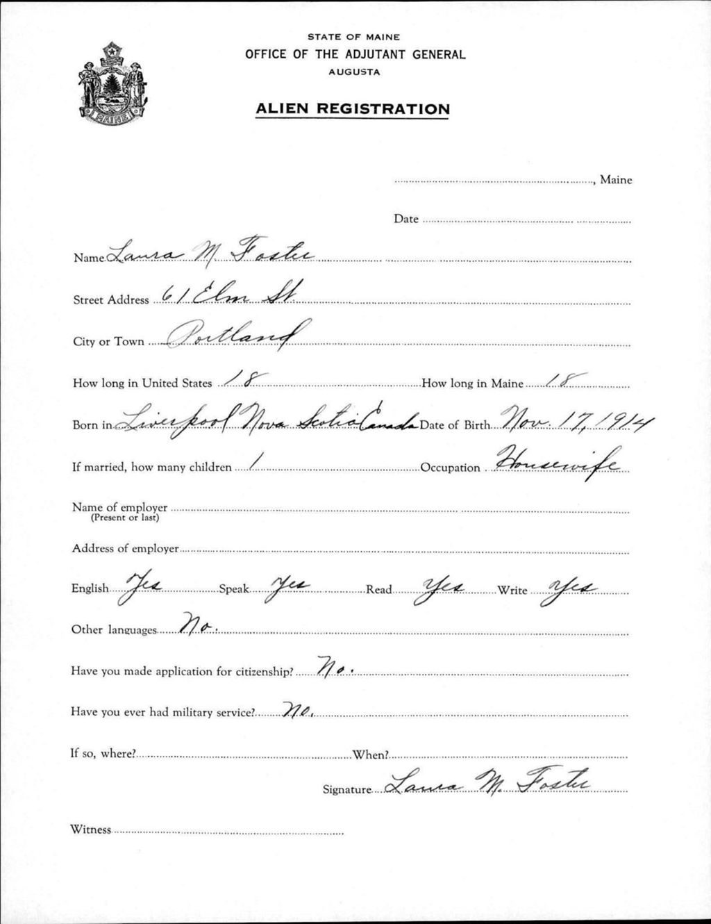Miniature of Alien Registration- Foster, Laura M. (Portland, Cumberland County)