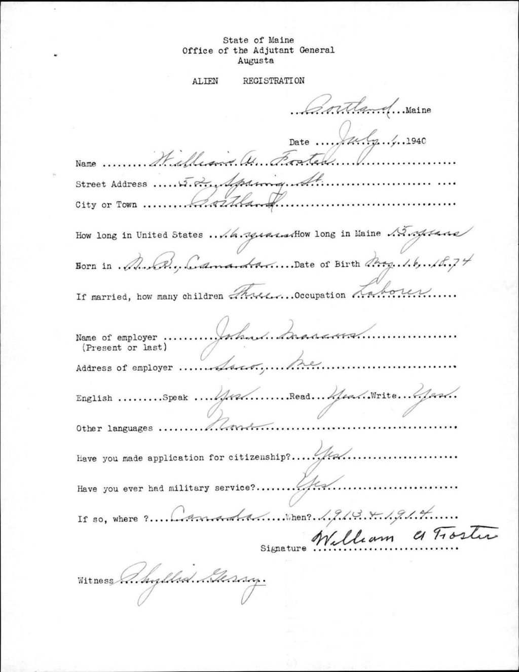 Miniature of Alien Registration- Foster, William A. (Portland, Cumberland County)