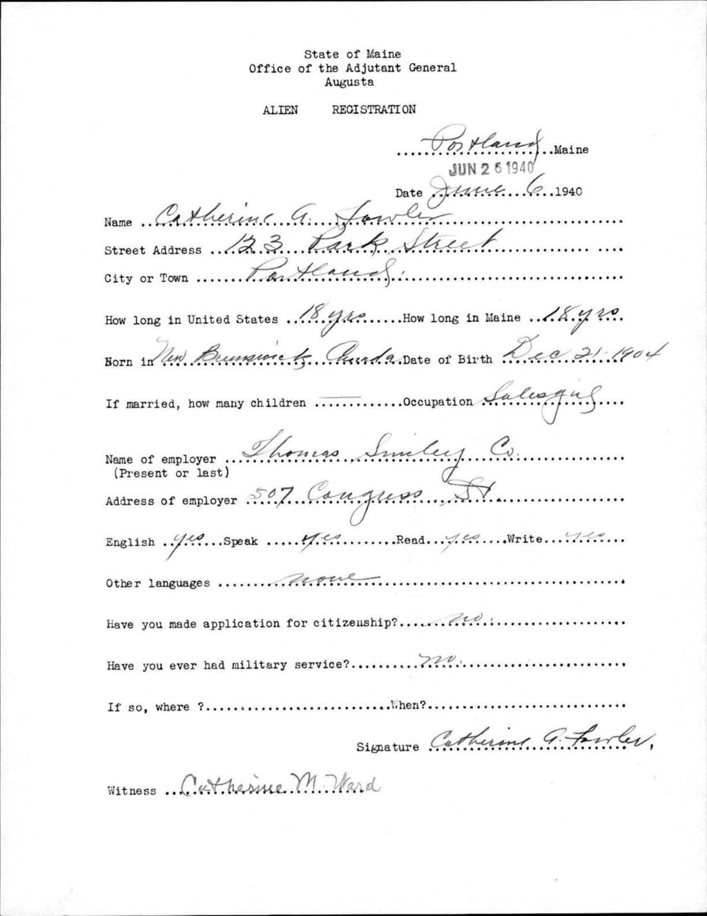 Miniature of Alien Registration- Fowler, Catherine A. (Portland, Cumberland County)