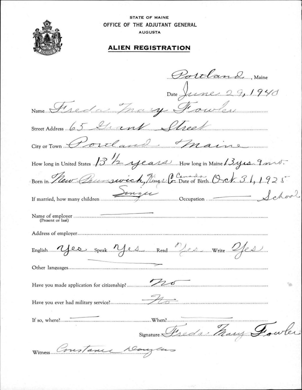 Miniature of Alien Registration- Fowler, Freda M. (Portland, Cumberland County)