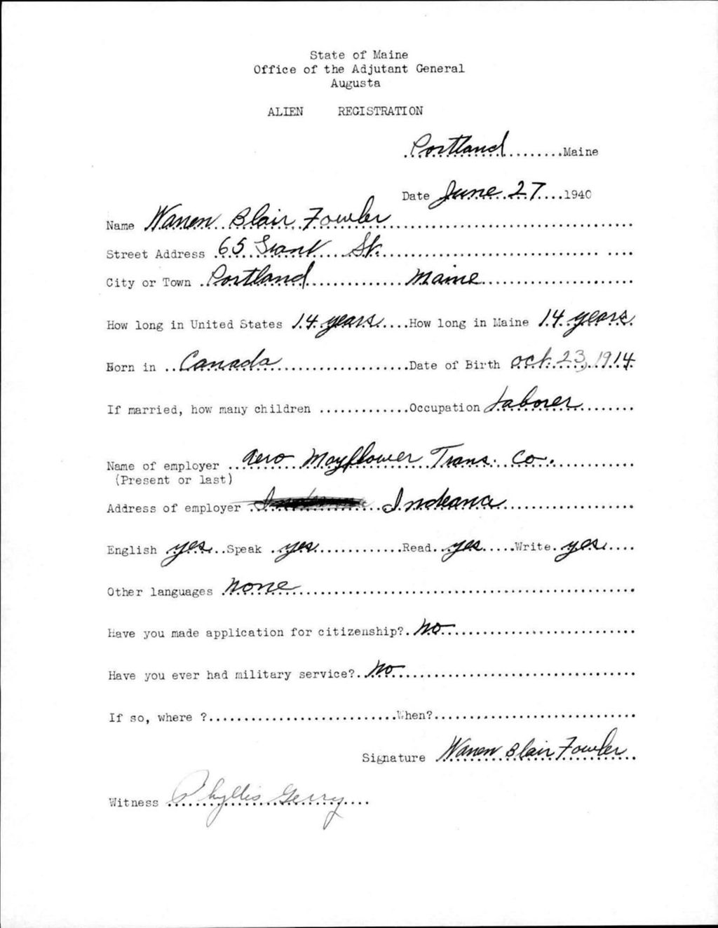 Miniature of Alien Registration- Fowler, Warren B. (Portland, Cumberland County)