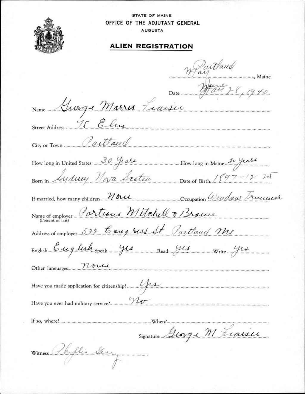 Miniature of Alien Registration- Fraiser, George M. (Portland, Cumberland County)