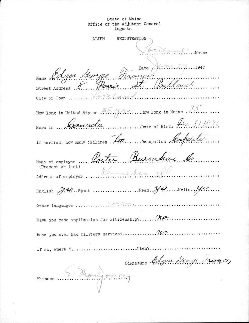 Miniature of Alien Registration- Francis, Edgar G. (Portland, Cumberland County)