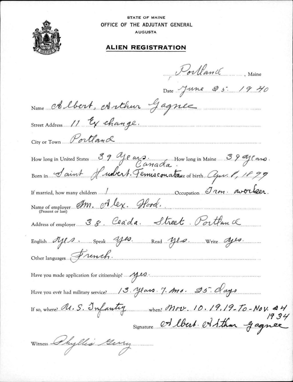 Miniature of Alien Registration- Gagne, Albert A. (Portland, Cumberland County)
