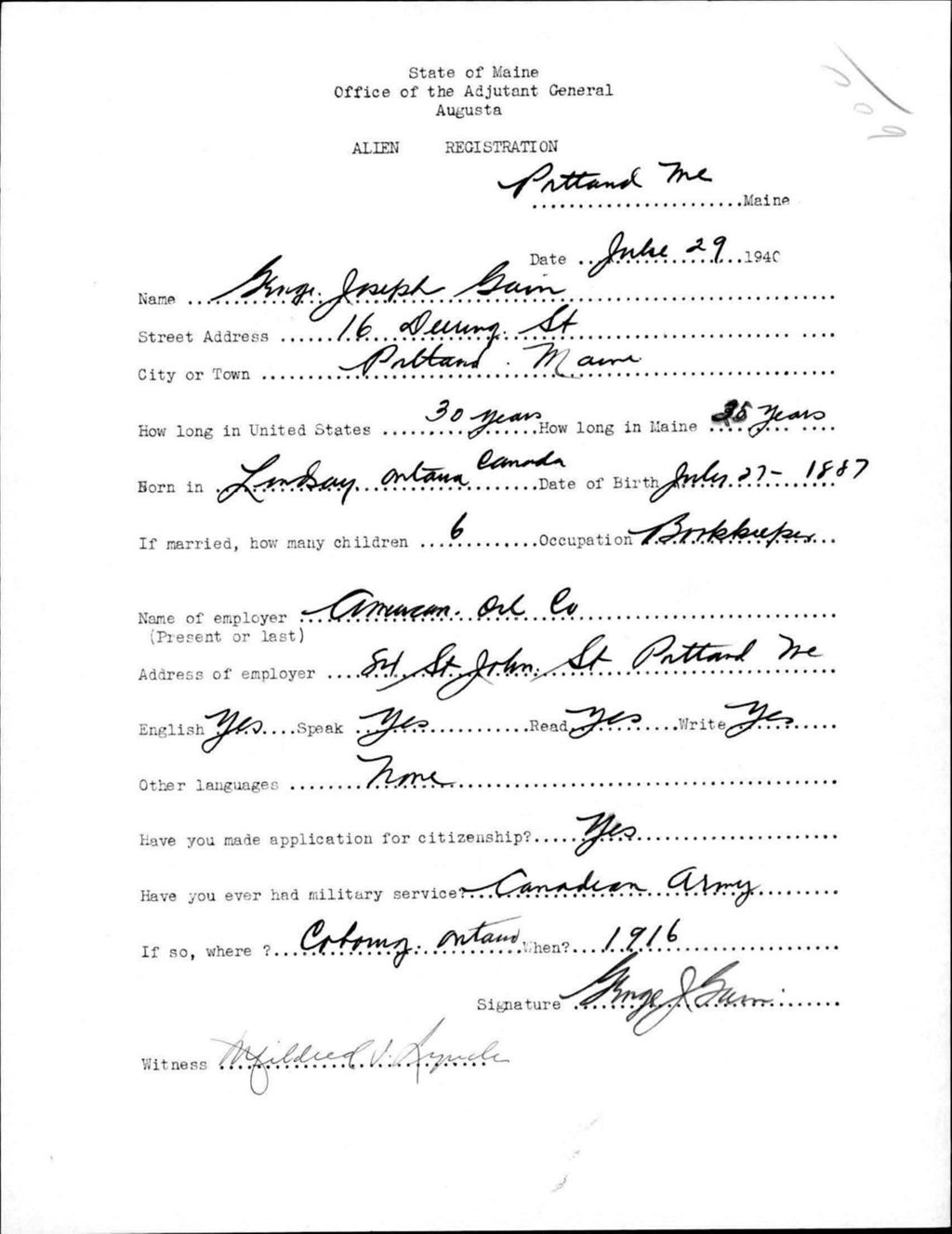 Miniature of Alien Registration- Gain, George J. (Portland, Cumberland County)