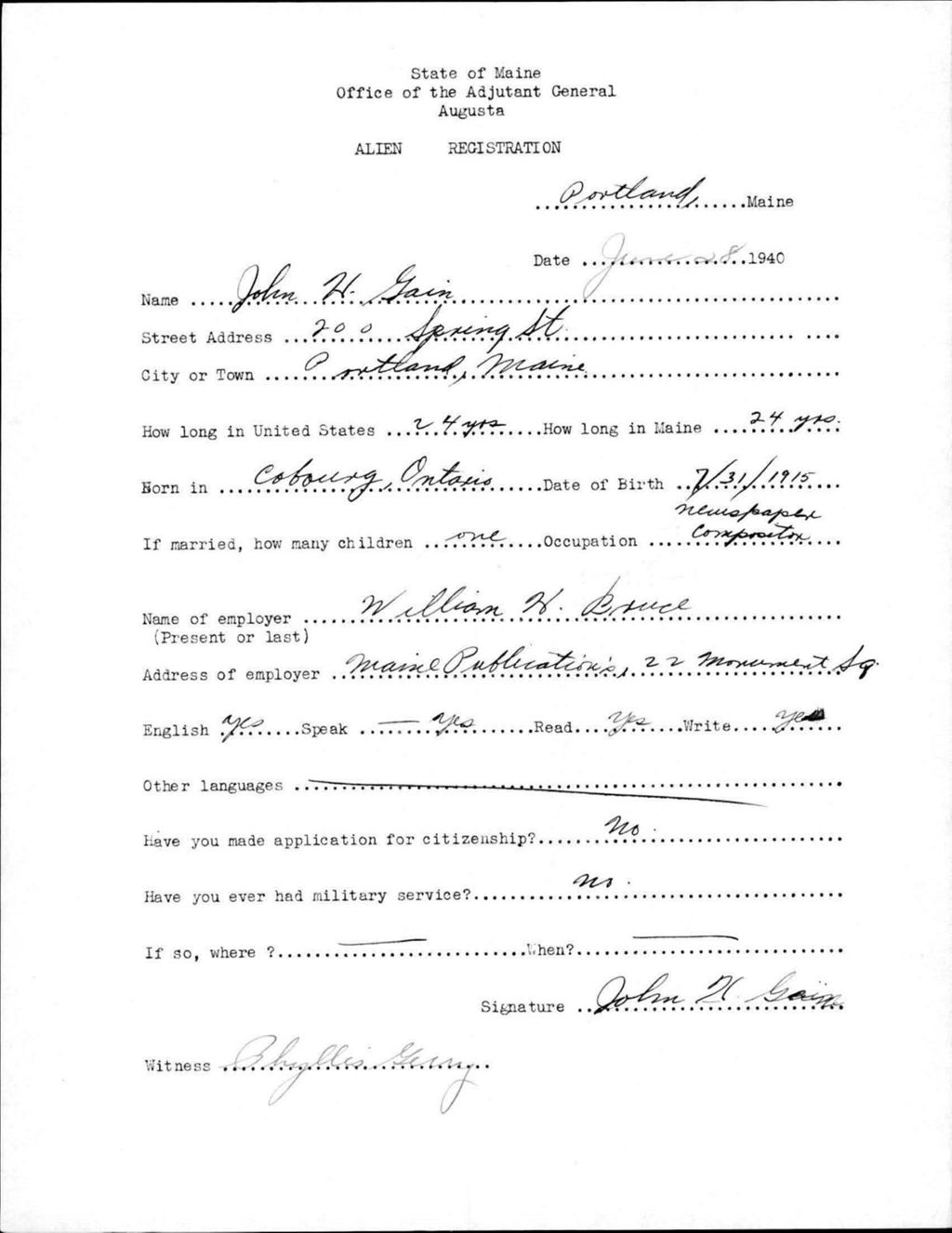 Miniature of Alien Registration- Gain, John H. (Portland, Cumberland County)