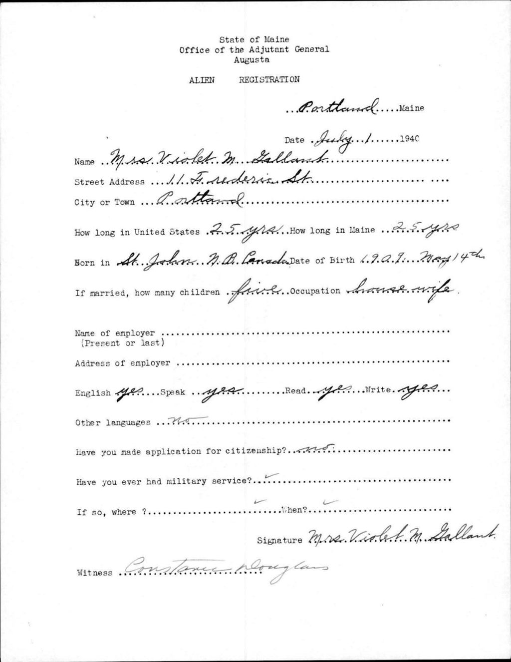 Miniature of Alien Registration- Gallant, Violet M. (Portland, Cumberland County)