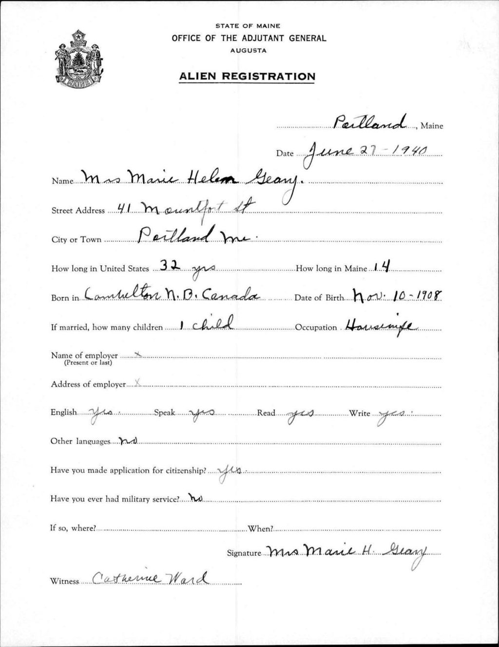 Miniature of Alien Registration- Geary, Marie H. (Portland, Cumberland County)