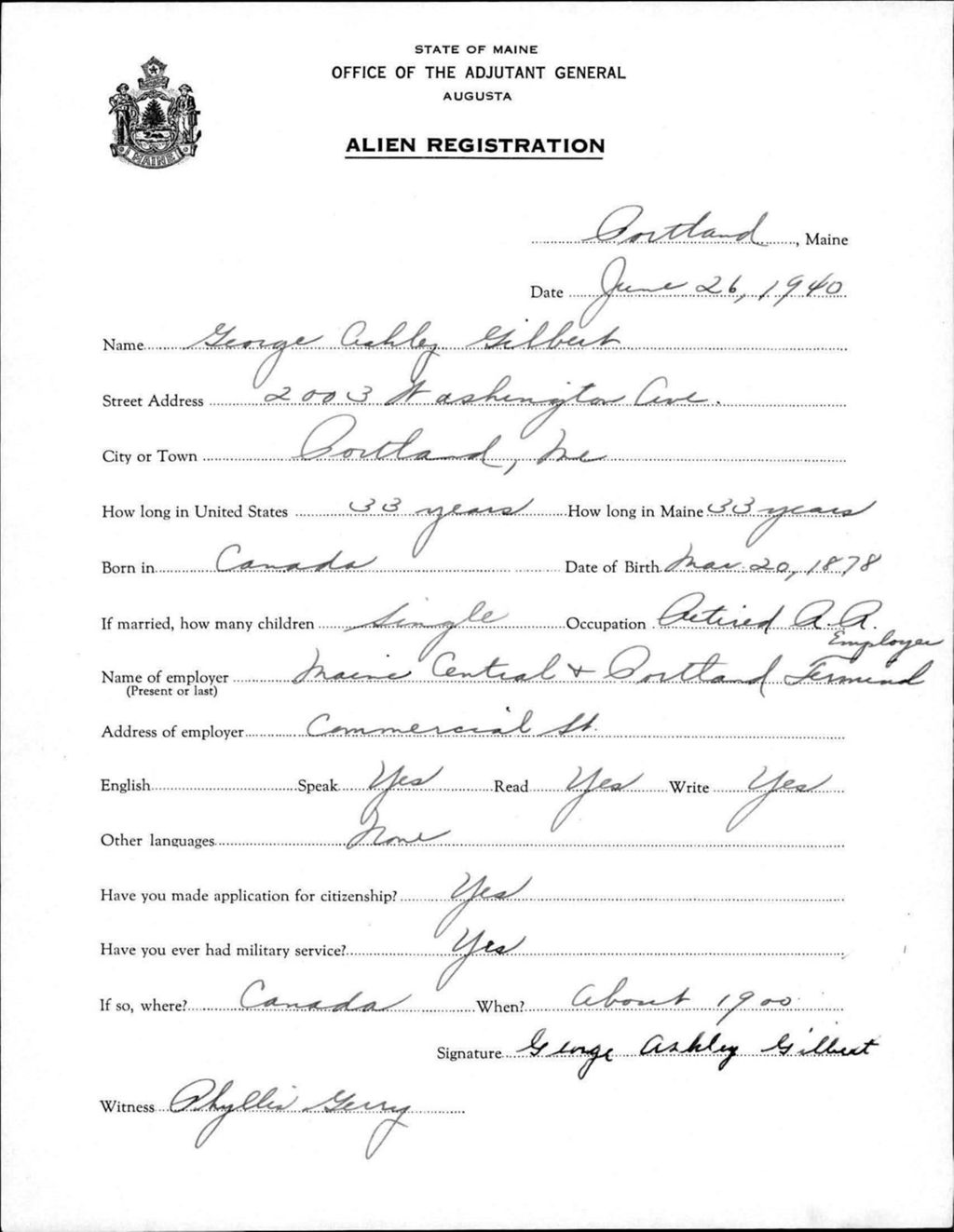 Miniature of Alien Registration- Gilbert, George A. (Portland, Cumberland County)