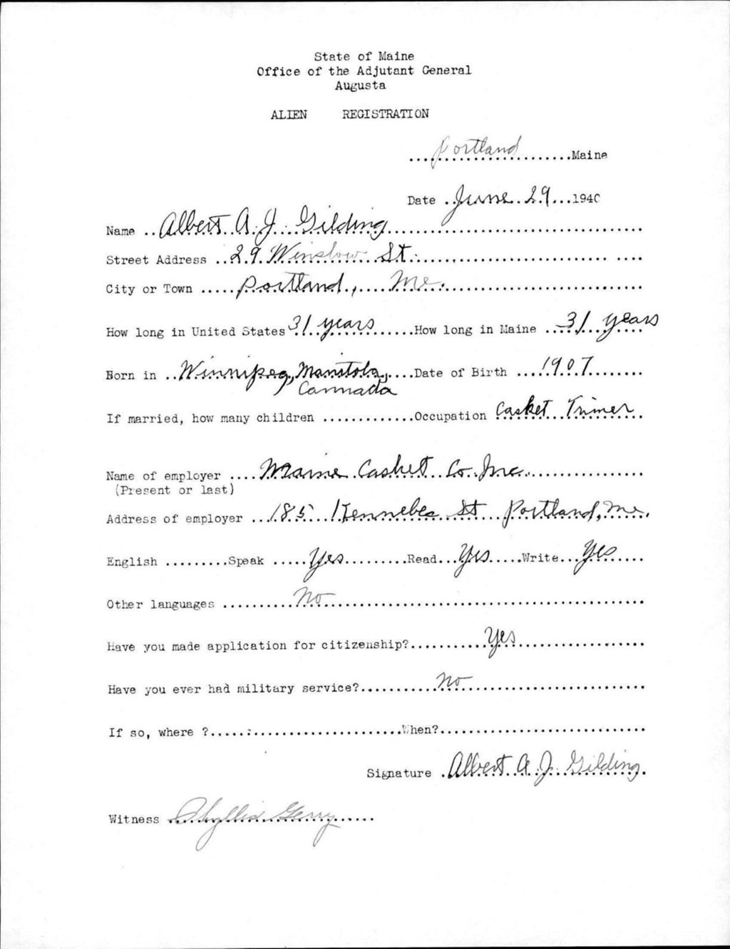 Miniature of Alien Registration- Gilding, Albert A J. (Portland, Cumberland County)