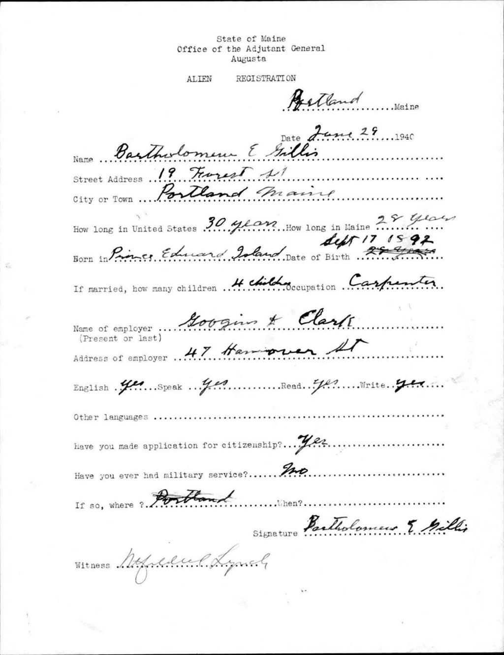 Miniature of Alien Registration- Gillis, Bartholomew E. (Portland, Cumberland County)