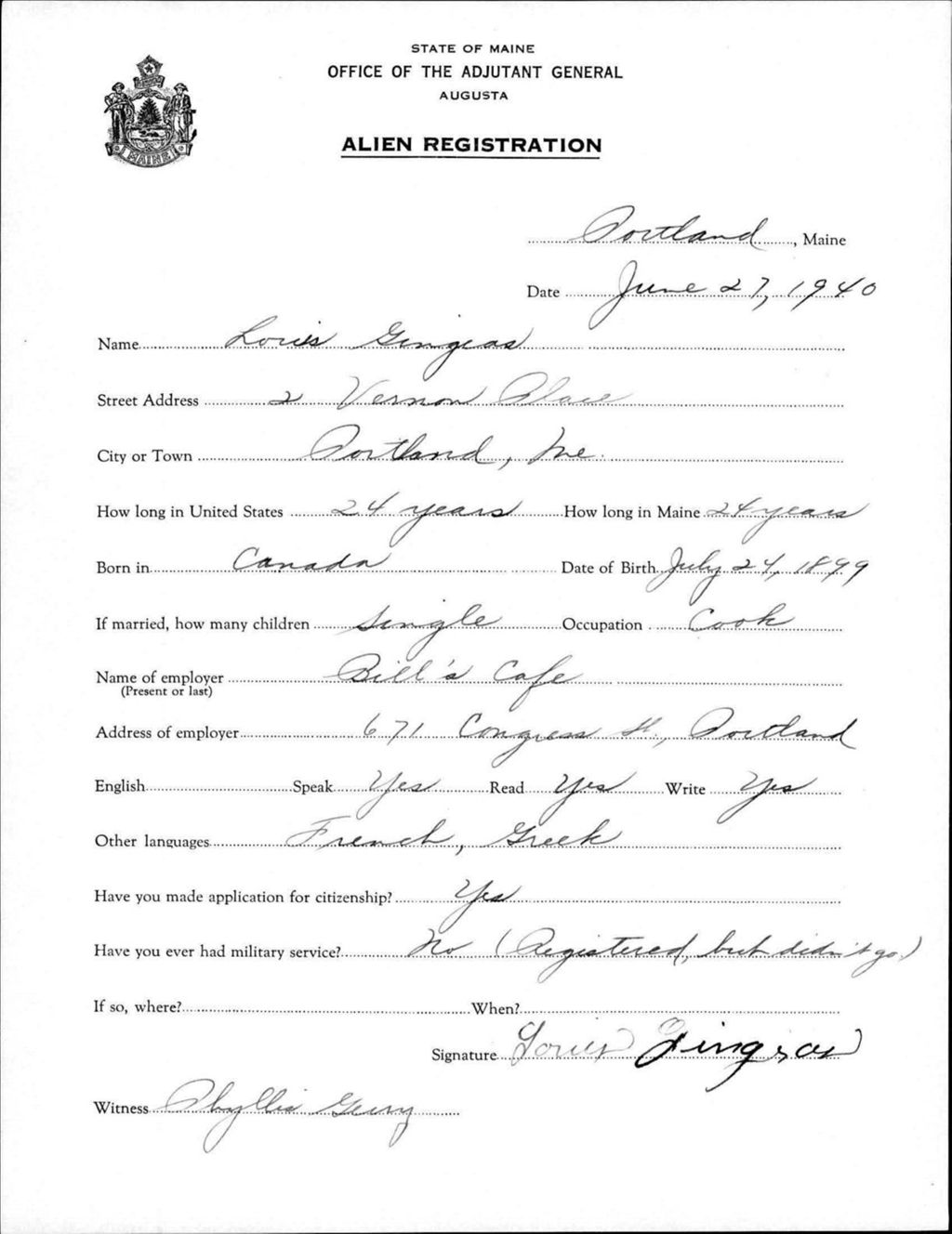Miniature of Alien Registration- Gingras, Louis (Portland, Cumberland County)