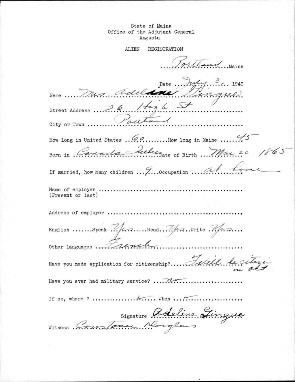 Miniature of Alien Registration- Gingue, Adeline (Portland, Cumberland County)