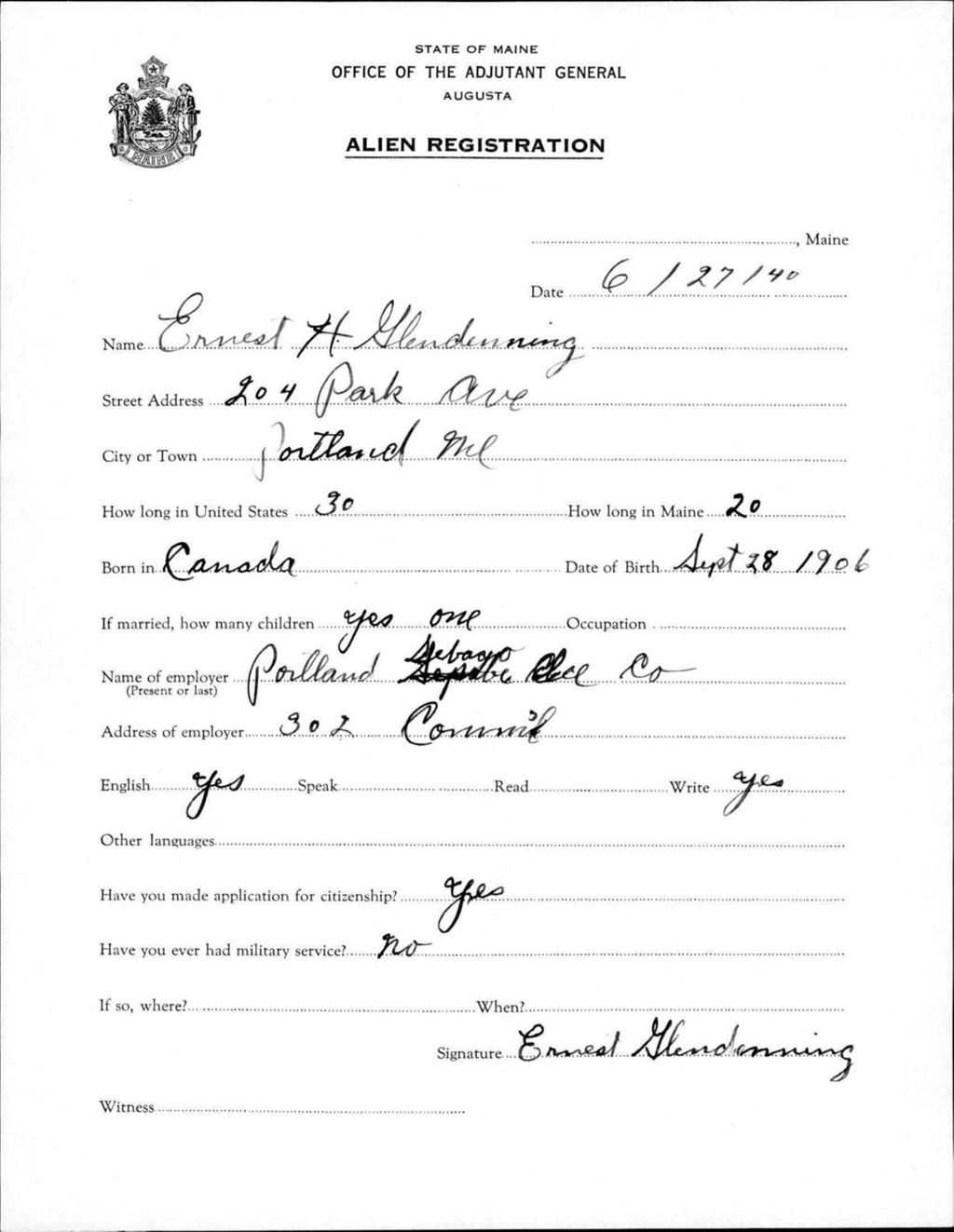 Miniature of Alien Registration- Glendenning, Ernest H. (Portland, Cumberland County)