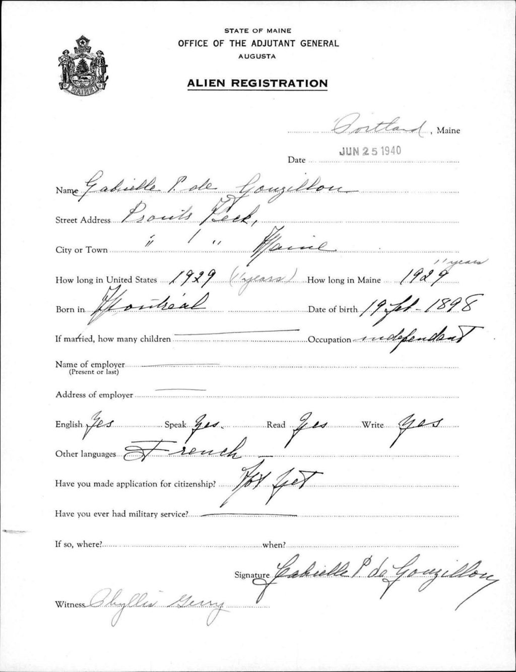 Miniature of Alien Registration- De Gougillon, Gabrielle P. (Portland, Cumberland County)