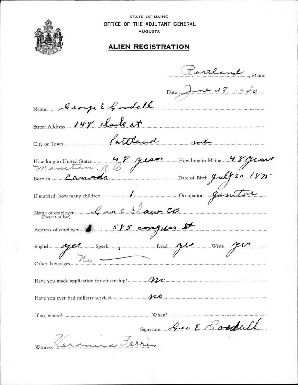 Miniature of Alien Registration- Goodall, George E. (Portland, Cumberland County)