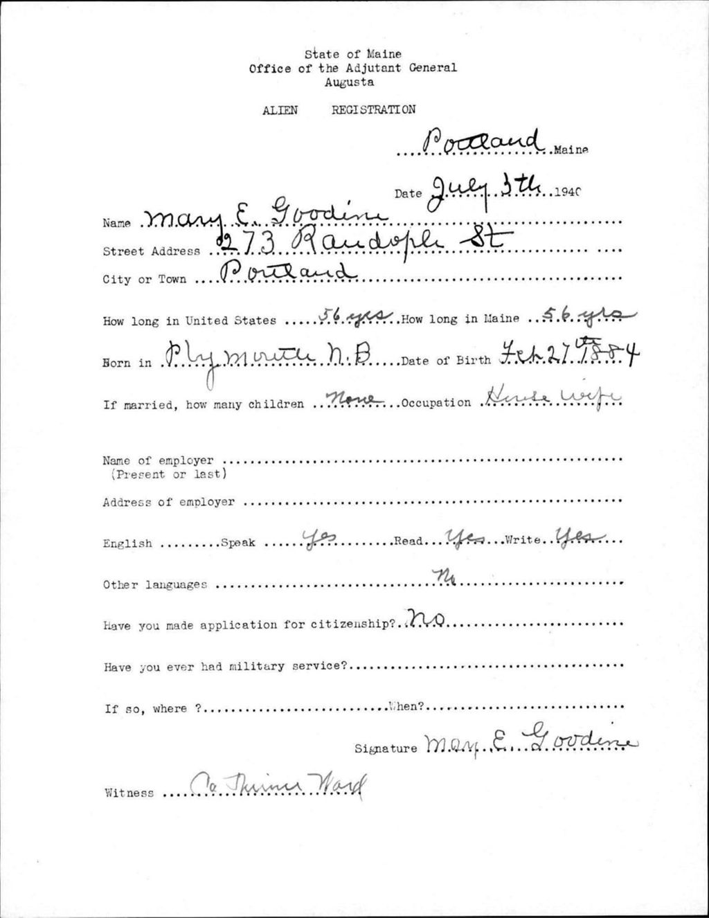 Miniature of Alien Registration- Goodin, Mary E. (Portland, Cumberland County)