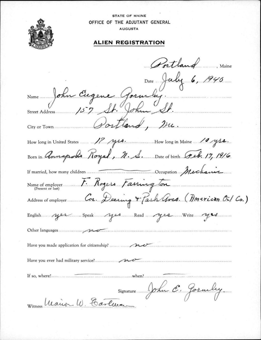 Miniature of Alien Registration- Gormley, John E. (Portland, Cumberland County)