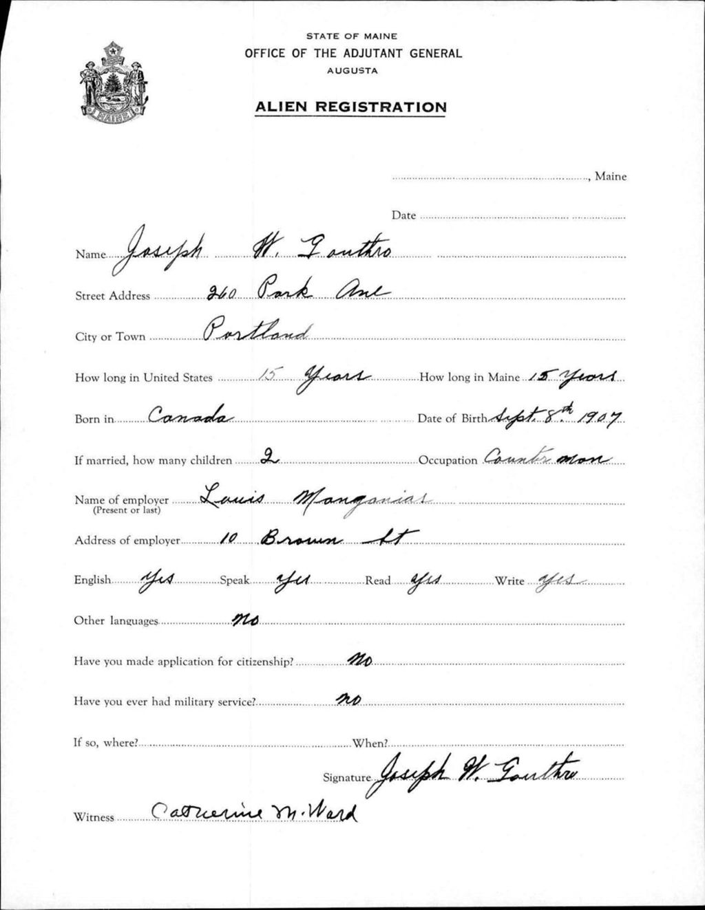 Miniature of Alien Registration- Gouthro, Joseph W. (Portland, Cumberland County)