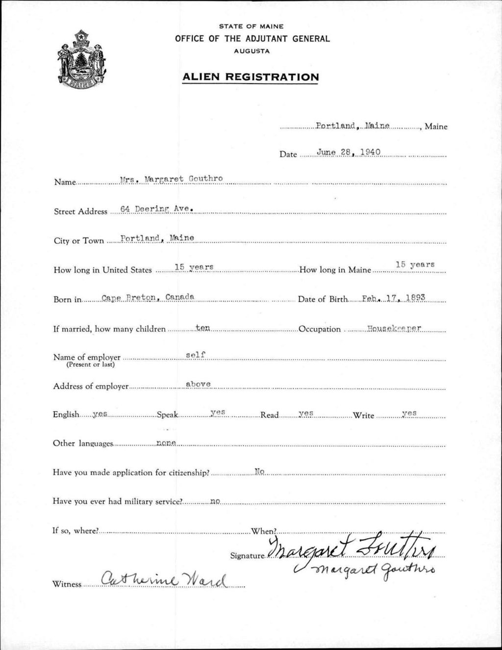 Miniature of Alien Registration- Gouthro, Margaret (Portland, Cumberland County)
