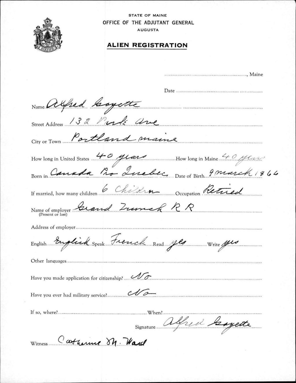 Miniature of Alien Registration- Goyette, Alfred (Portland, Cumberland County)