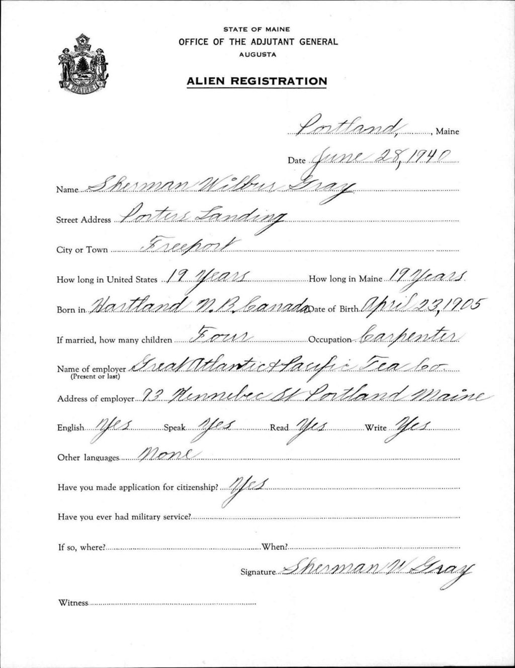 Miniature of Alien Registration- Gray, Sherman W. (Portland, Cumberland County)