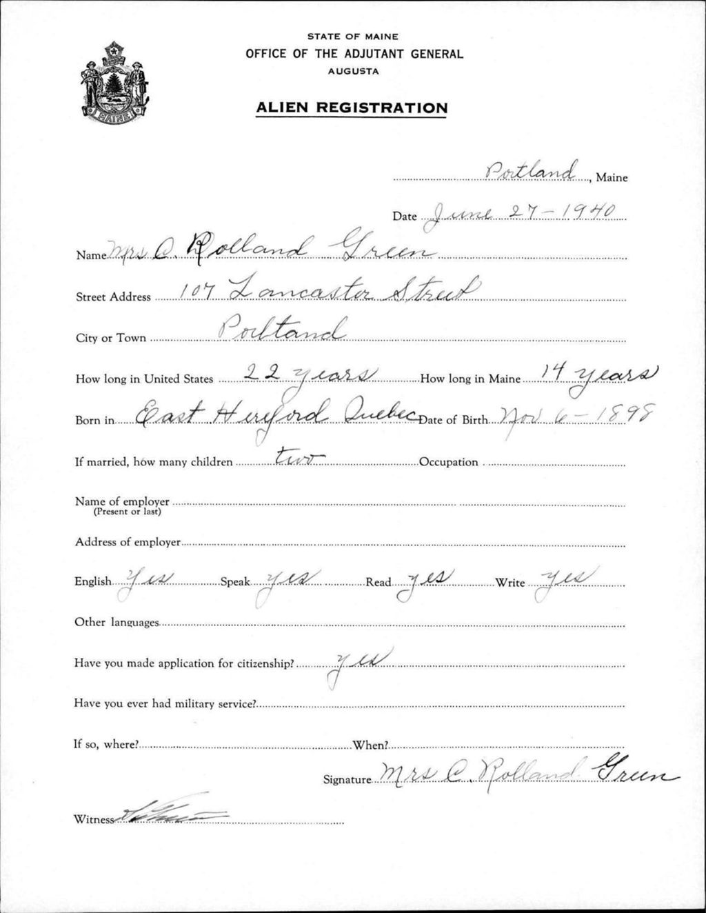 Miniature of Alien Registration- Green, C Rolland (Portland, Cumberland County)