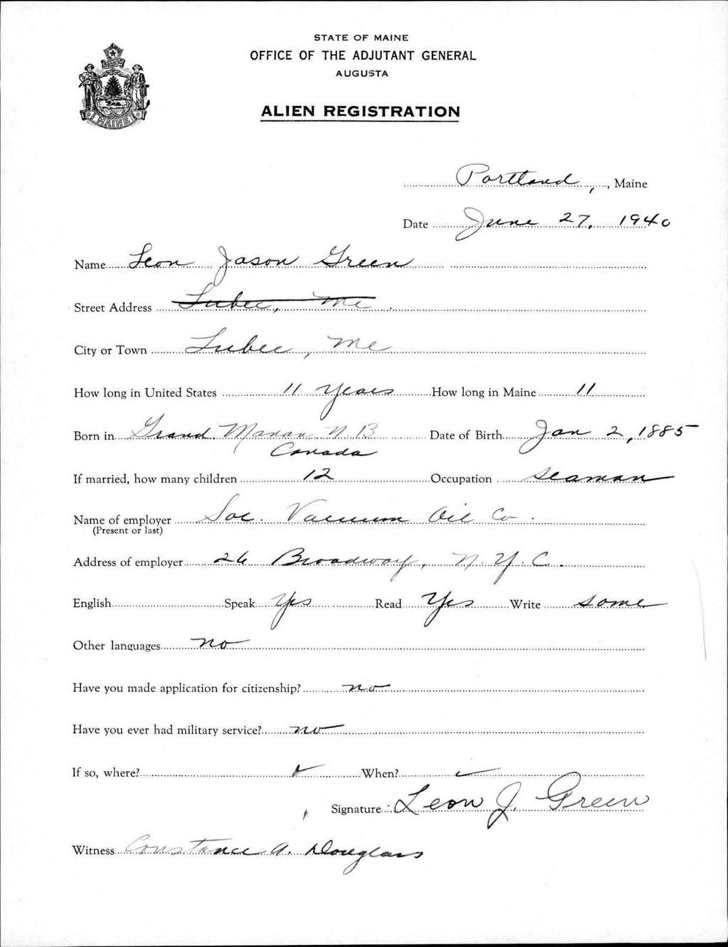 Miniature of Alien Registration- Green, Leon J. (Portland, Cumberland County)
