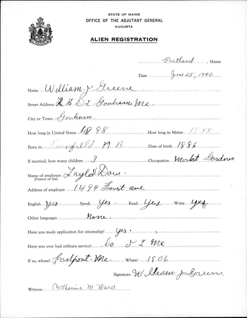 Miniature of Alien Registration- Greene, William J. (Portland, Cumberland County)