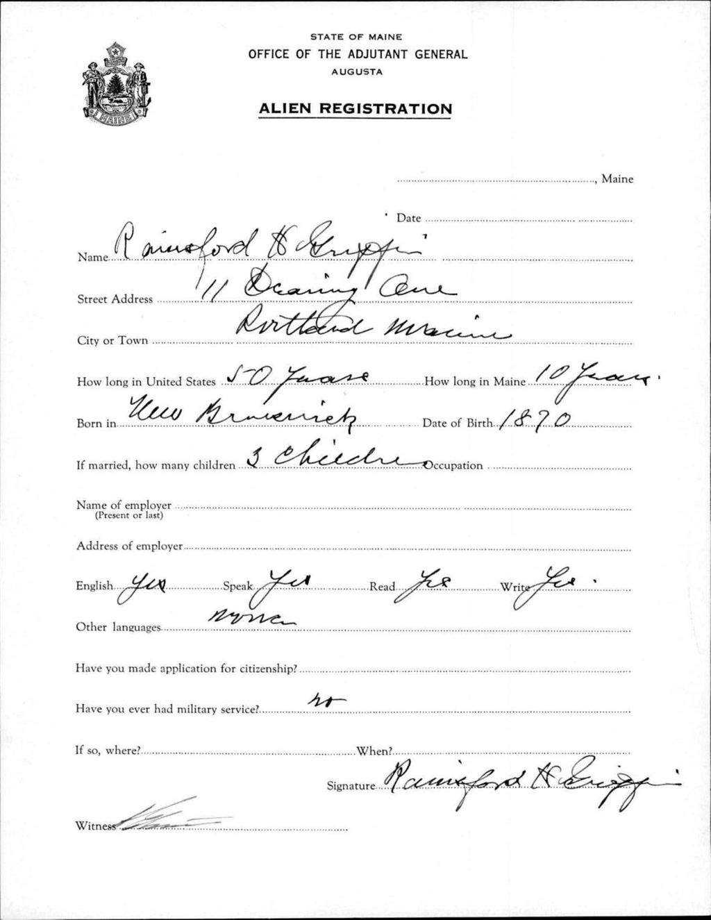 Miniature of Alien Registration- Griffin, Rainsford H. (Portland, Cumberland County)