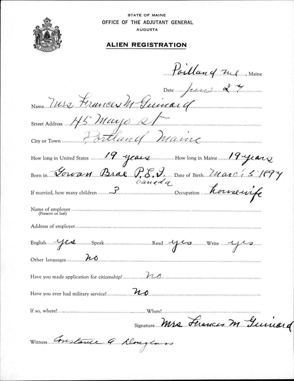 Miniature of Alien Registration- Guinard, Frances M. (Portland, Cumberland County)
