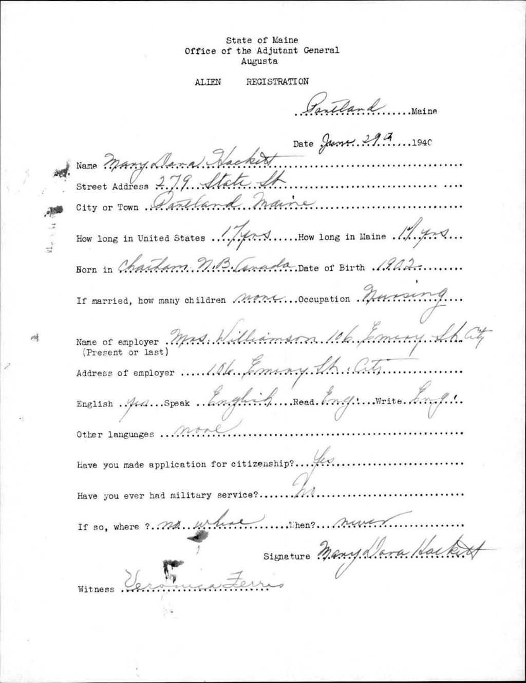 Miniature of Alien Registration- Hackett, Mary D. (Portland, Cumberland County)