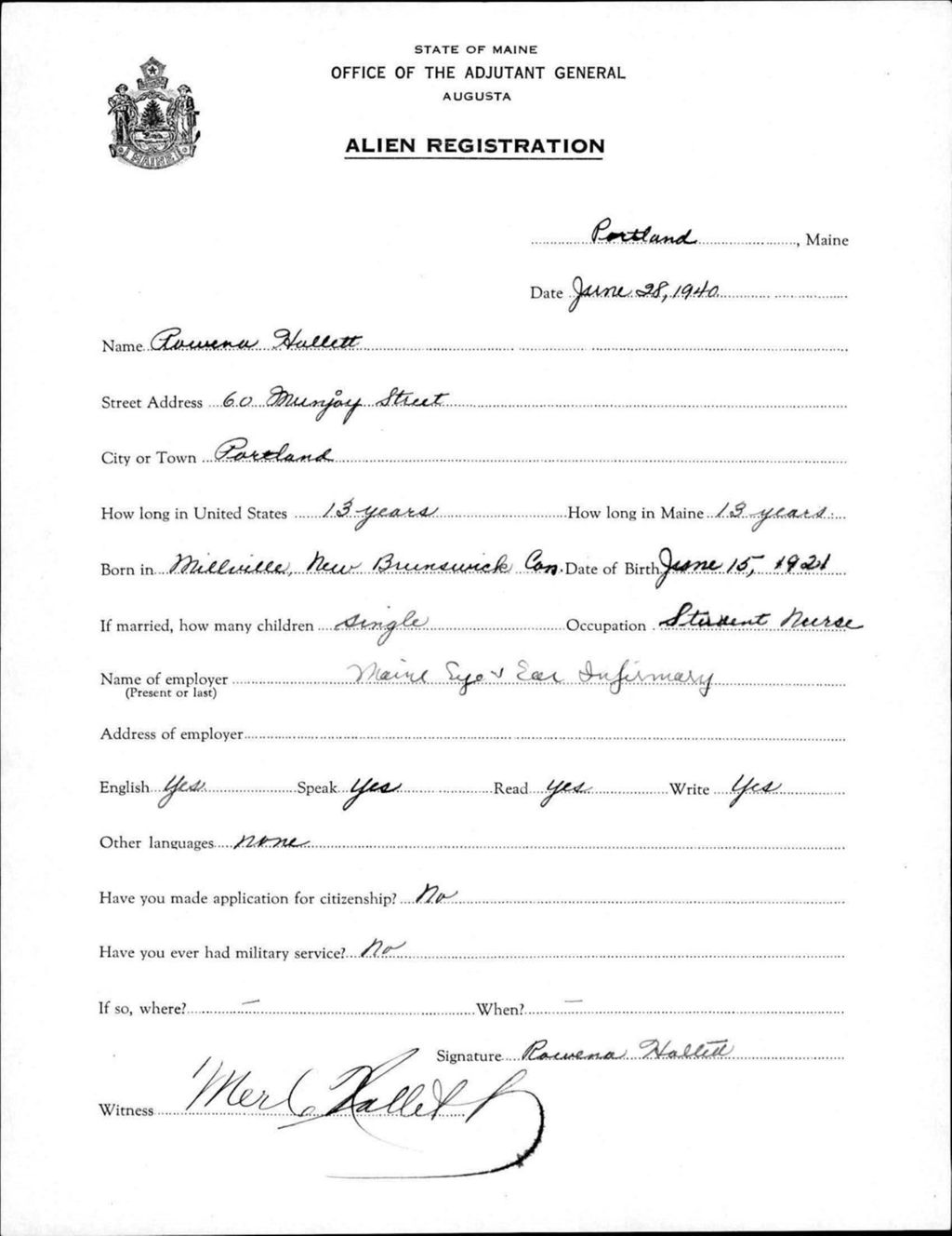 Miniature of Alien Registration- Hallett, Rowena (Portland, Cumberland County)
