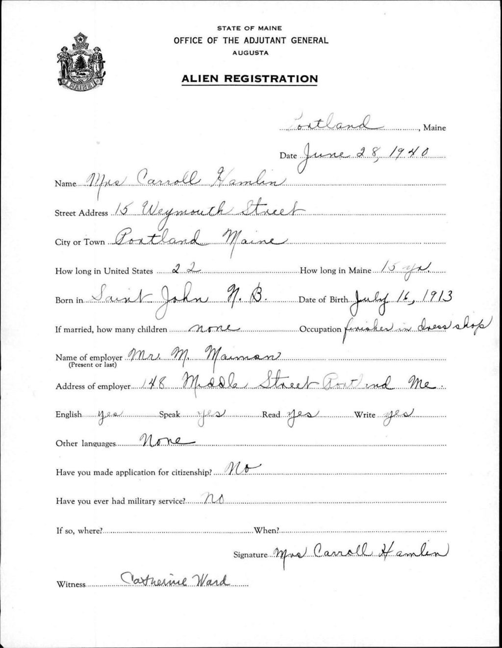 Miniature of Alien Registration- Hamlin, Carroll (Portland, Cumberland County)
