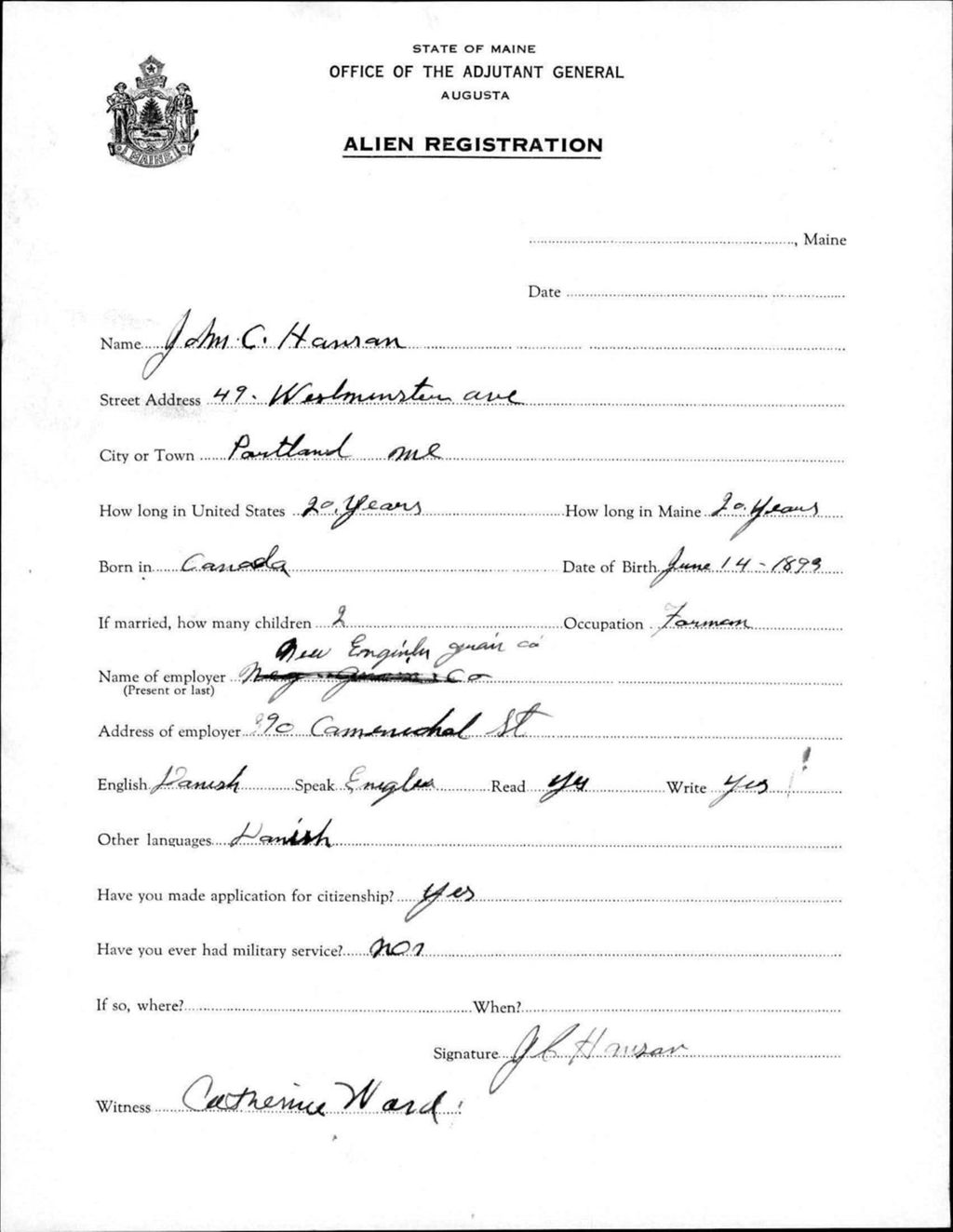 Miniature of Alien Registration- Hanson, John C. (Portland, Cumberland County)