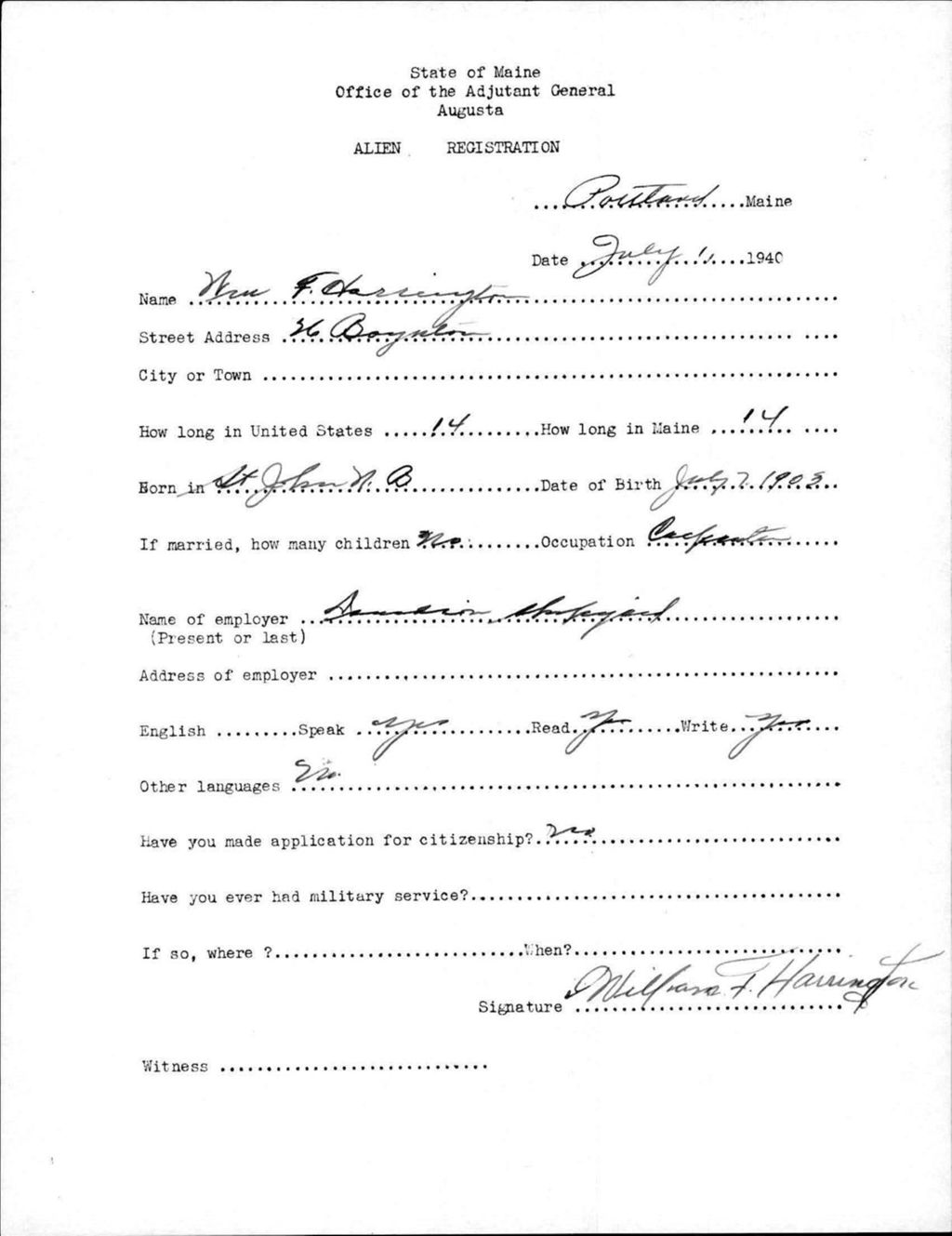 Miniature of Alien Registration- Harrington, William F. (Portland, Cumberland County)