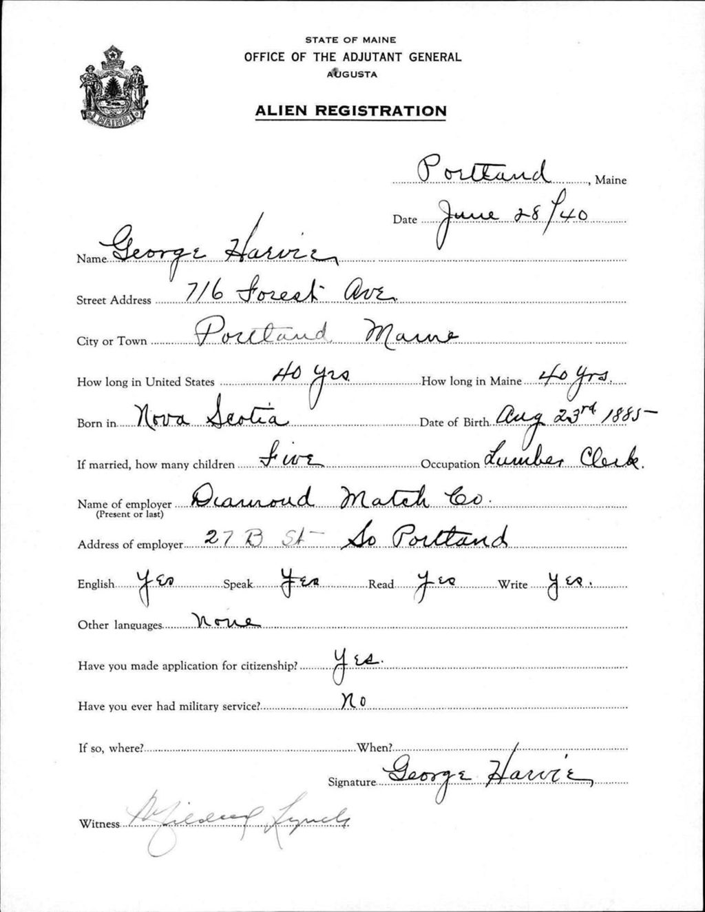 Miniature of Alien Registration- Harvie, George (Portland, Cumberland County)