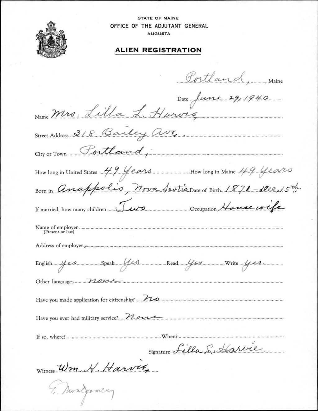 Miniature of Alien Registration- Harvie, Lilla L. (Portland, Cumberland County)