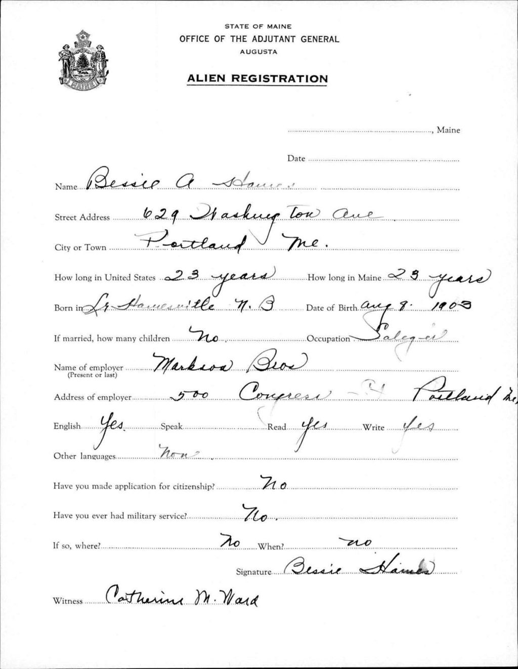 Miniature of Alien Registration- Hawes, Bessie A. (Portland, Cumberland County)