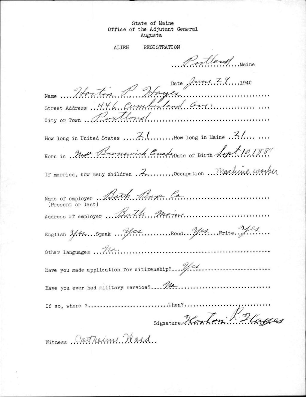 Miniature of Alien Registration- Hayes, Horton P. (Portland, Cumberland County)
