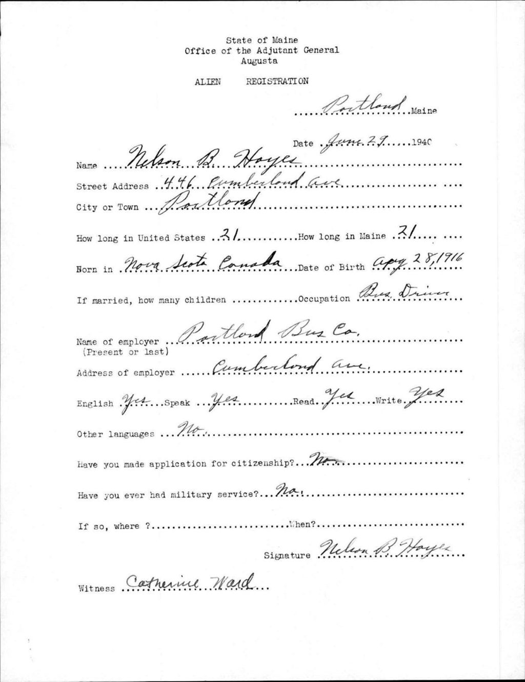 Miniature of Alien Registration- Hayes, Nelson B. (Portland, Cumberland County)