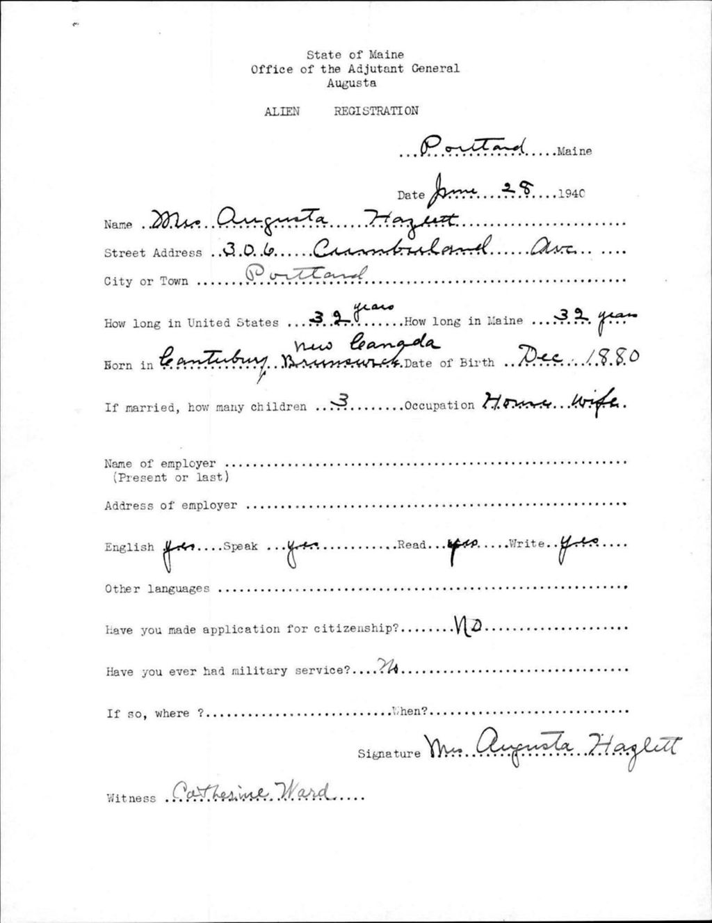 Miniature of Alien Registration- Hazlett, Augusta (Portland, Cumberland County)