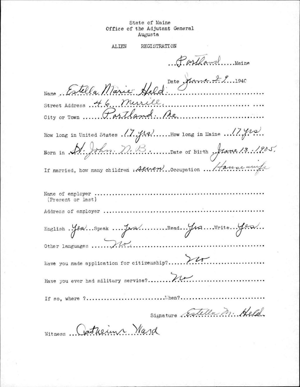Miniature of Alien Registration- Held, Estella M. (Portland, Cumberland County)