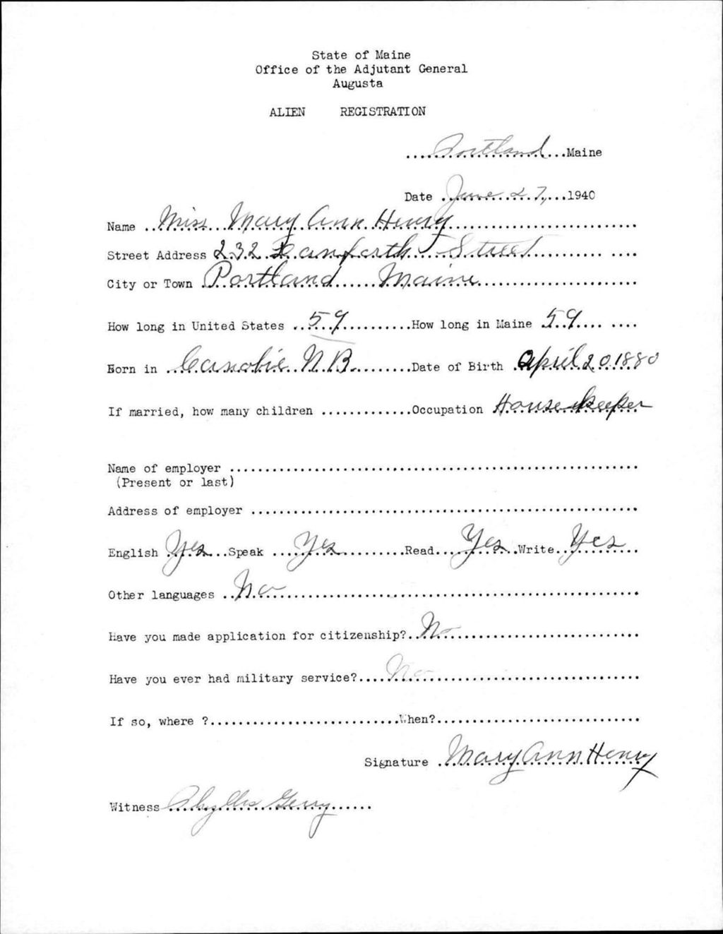Miniature of Alien Registration- Henry, Mary A. (Portland, Cumberland County)