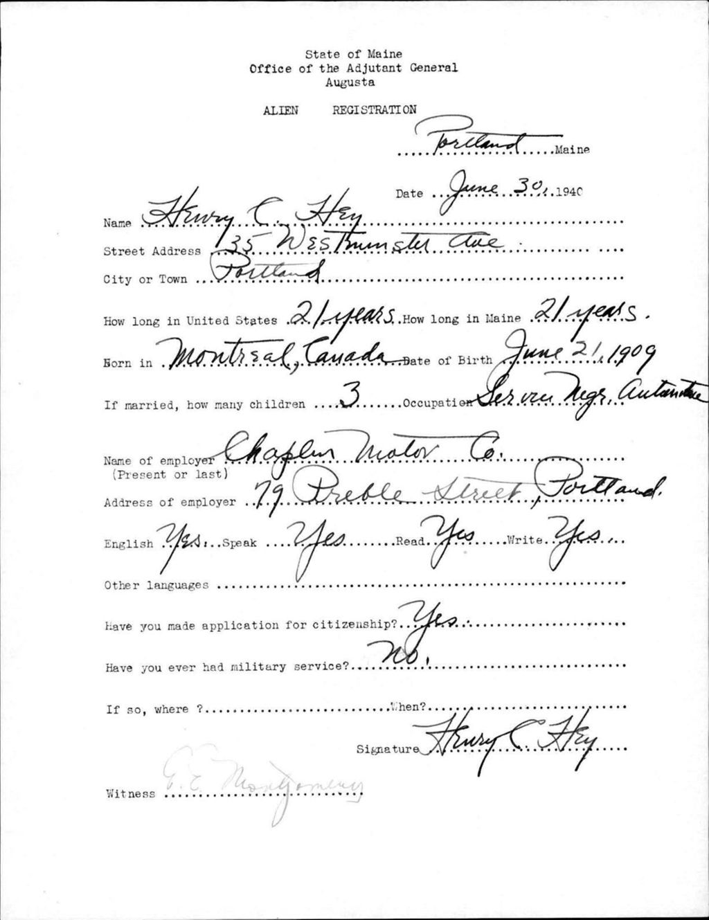 Miniature of Alien Registration- Hey, Henry C. (Portland, Cumberland County)