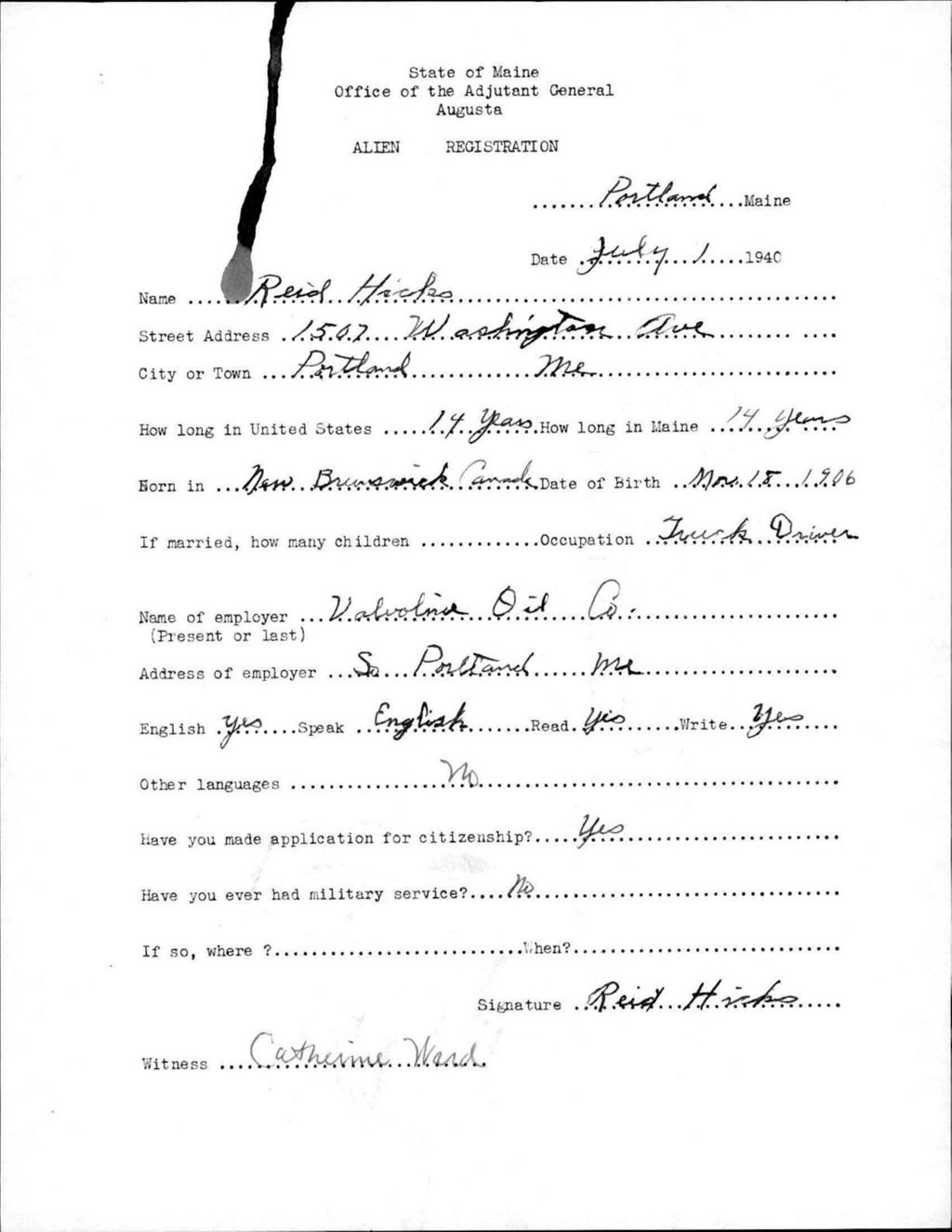 Miniature of Alien Registration- Hicks, Reid (Portland, Cumberland County)