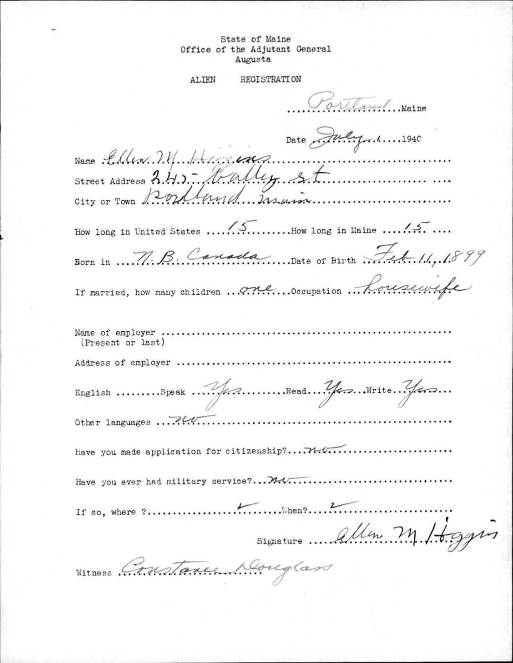 Miniature of Alien Registration- Higgins, Ellen M. (Portland, Cumberland County)
